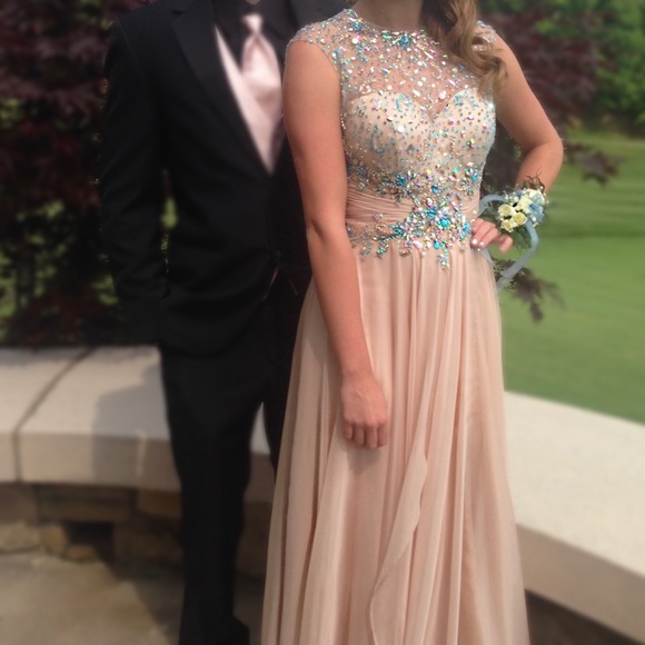 Long Tan Embellished Prom Dress - Picture 7 of 8